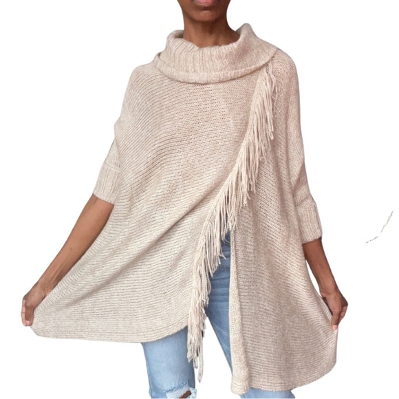 Nine West Jeans Sweaters - NINE WEST JEANS BEIGE COWL NECK FRINGE SWEATER WITH A SPLIT IN THE FRONT & BACK
